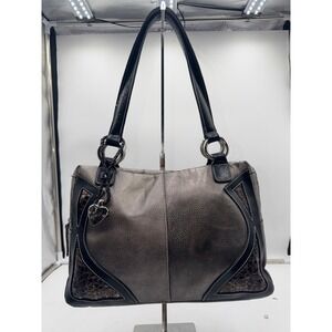 Sharif Studio Metallic Pewter Leather Shoulder Bag Black Trim Lime Green Lining